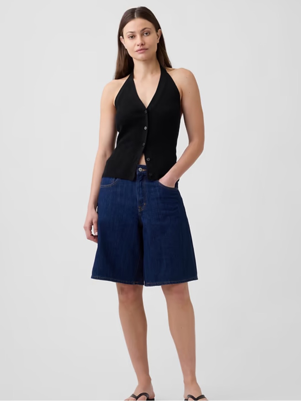 Sleeveless halter button up sweater tank